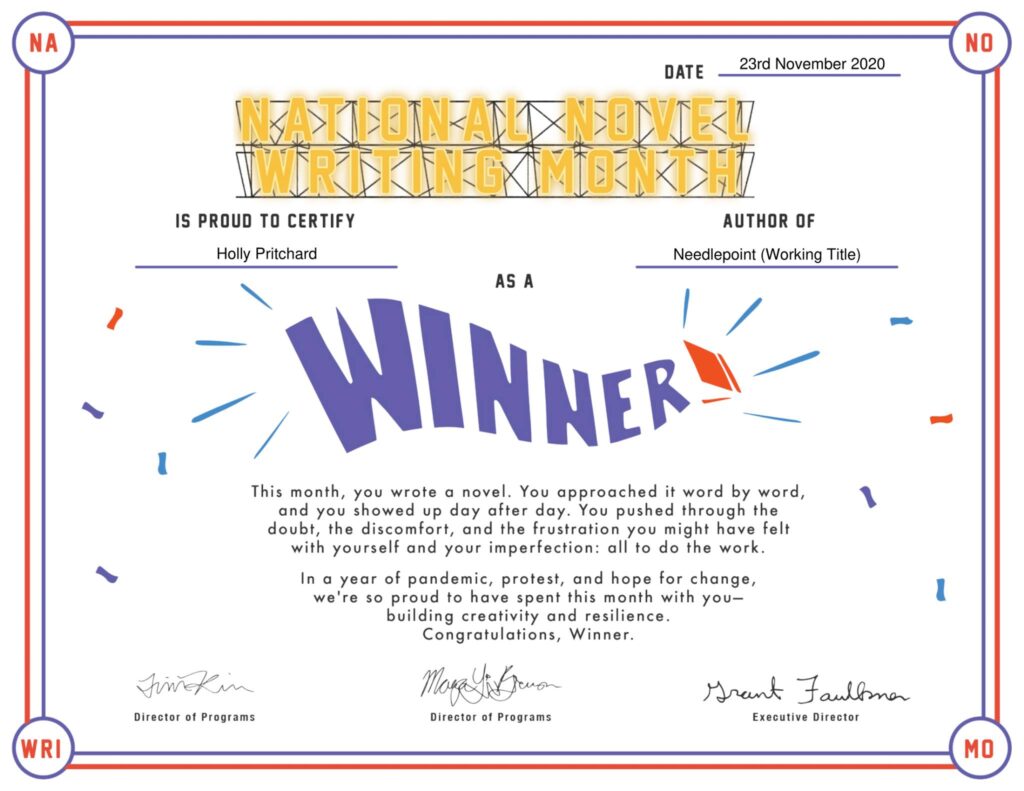 Holly Pritchards NaNoWriMo 2020 Certificate